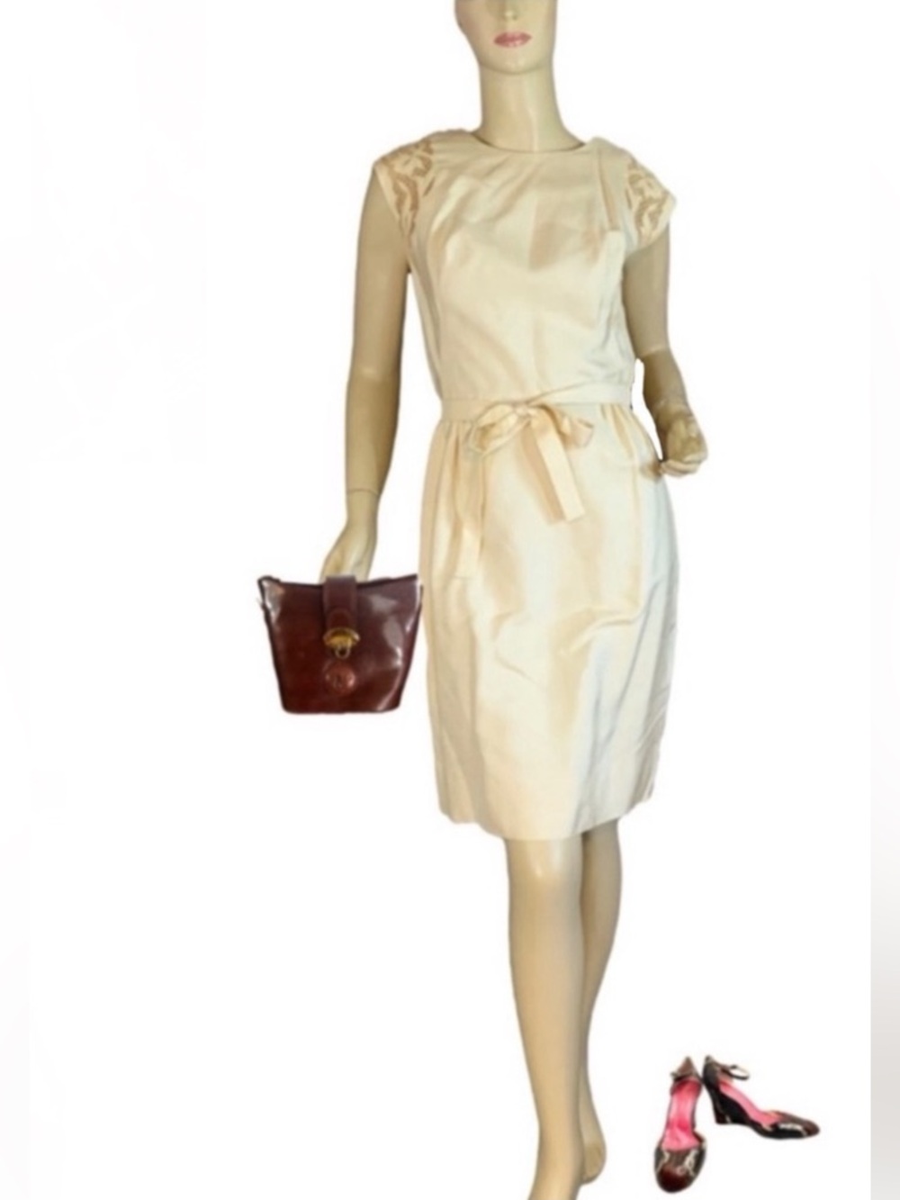 VINTAGE 1960'S CREAM PARNES FEINSTEIN CAP SLEEVE SHEATH DRESS (S)